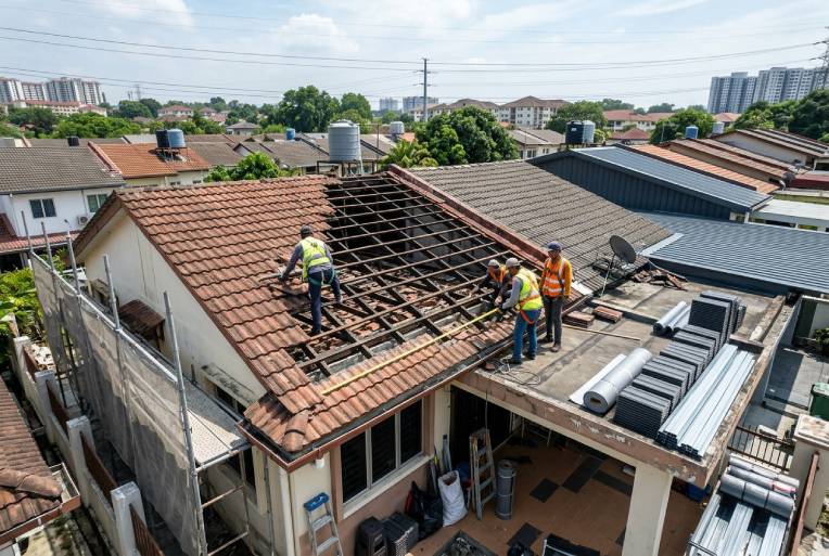 Roof replacement project showing old roof removal and new roofing installation